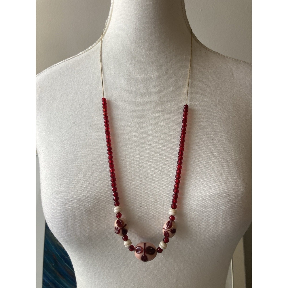 Vintage Red Bead Necklace Pink Floral Lampwork Beads Long Gold Tone Chain Artsy